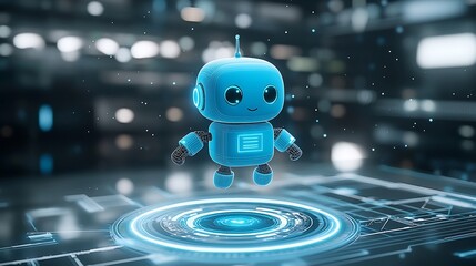 Fototapete - Adorable Blue Robot Floating Above Neon Portal with Futuristic Tech Wireframe Background  3D low poly cute intelligence character design with innovative digital technology theme