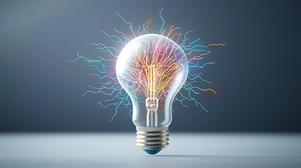 Aufkleber - Vibrant multicolored electric sparks and intricate branching lightning emitting from a bright illuminated light bulb on a transparent background creating a futuristic and energetic visual