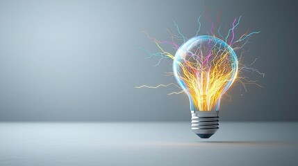Aufkleber - Vibrant and electrifying image of a light bulb emitting an array of multicolored electric sparks and intricate branching lightning patterns on a transparent background conveying a futuristic dynamic