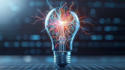 Aufkleber - Glowing light bulb filled with multi colored branching lightning and electric sparks intense glow effect on transparent background creating a futuristic creative and innovative visual concept