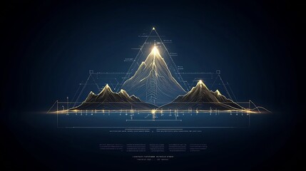 Poster - Elegant and minimalistic hand drawn line art of a mountain range in delicate gold lines on a dark blue background creating a refined and serene visual aesthetic