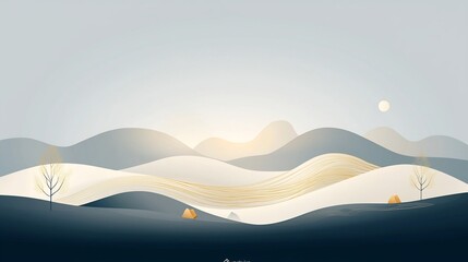 Poster - Elegant and Refined Mountain Landscape Featuring Delicate Gold Line Art against a Striking Dark Blue Background Capturing a Serene and Minimalist Aesthetic