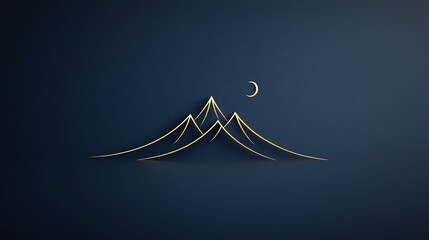 Poster - Mesmerizing Mountainscape Captured in Delicate Gold Line Art Hand Drawn on a Serene Dark Blue Background Exuding a Sense of Elegant Simplicity and Peaceful Tranquility