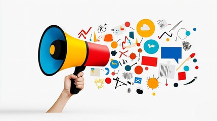 Poster - Creative and modern collage image of a hand gripping a megaphone filled with abstract colors and shapes symbolizing communication idea exchange and amplifying one s voice and message