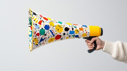 Aufkleber - A hand holding a megaphone filled with a vibrant collage art symbolizing the concept of modern communication and the spread of ideas in a unique and abstract visual style