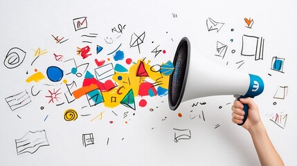 Poster - Conceptual artwork depicting a hand holding a megaphone with a vibrant abstract collage of colors and shapes flowing out symbolizing the power of expression communication