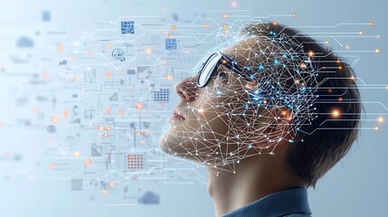 Poster - Profile view of a thoughtful man wearing glasses his head partially obscured by a neural network of interconnected lines and nodes gazing upwards against a dreamy