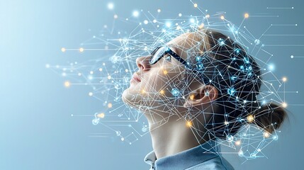 Fototapete - Closeup profile view of a man wearing glasses his gaze directed upwards as he is surrounded by an interconnected network of lines and nodes resembling a neural network