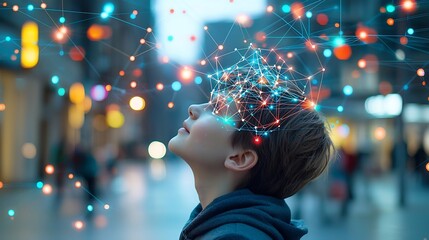 Fototapete - Stylized side profile portrait of a young man with a digital overlay of glowing lines and nodes forming a web like pattern on his head symbolizing cognitive technology