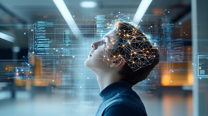 Aufkleber - A young man s side profile with a digital overlay of glowing lines and nodes forming a web like pattern on his head symbolizing the cognitive technology and data processing within the mind