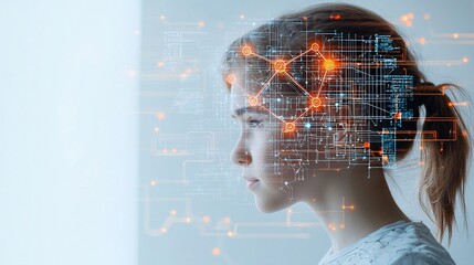 Fototapete - Side profile of a thoughtful young man with a digital network overlay on his head glowing nodes and lines symbolizing intelligence