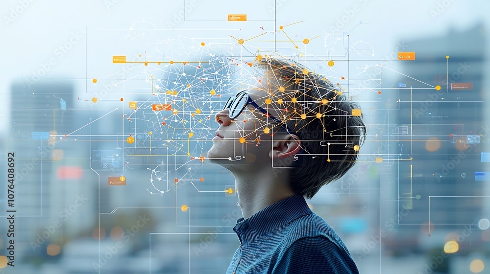 Young man in profile wearing glasses looks upward as a digital pattern ...
