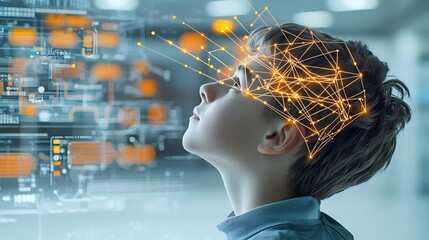 Poster - Portrait of a young man looking up with a contemplative expression his head surrounded by a digital network of glowing lines representing the power of technology  The warm