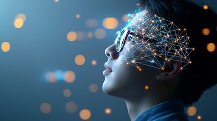 Fototapete - Close up portrait of a man wearing glasses with a digital overlay of neural network lines on his head set against a soft warm and glowing bokeh background