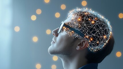 Fototapete - Close up portrait of a man wearing glasses with a digital overlay of neural network lines and glowing points creating a futuristic AI inspired atmosphere set against a warm bokeh filled background