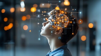 Fototapete - Futuristic portrait of a young man in profile gazing upward with an overlay of a glowing digital neural network on his head nodes and lines creating depth and a sense of innovation and technology