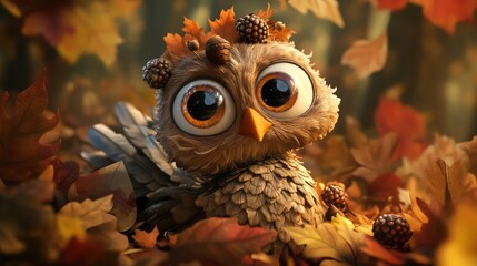 A cute cartoon owl with big eyes sits amongst colorful autumn leaves, its head adorned with acorns and berries.