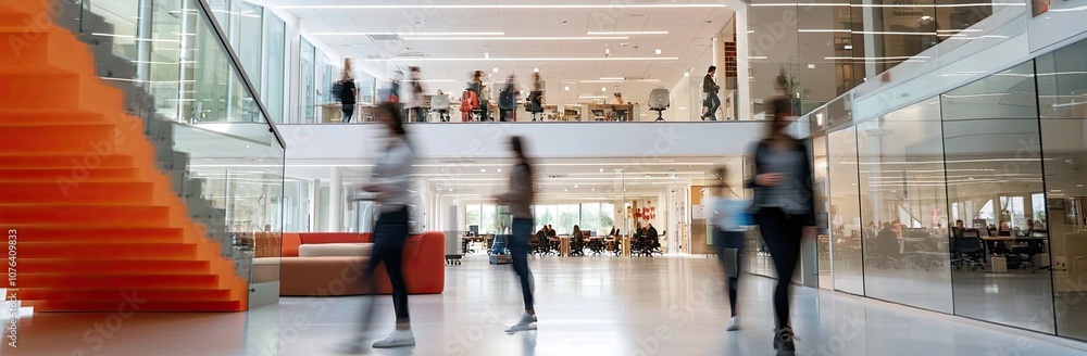 A blurred photograph of business people walking up and down the stairs ...