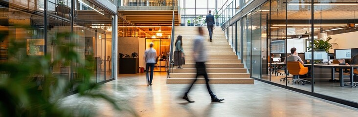 A blurred photograph of business people walking up and down the stairs in an office building made of glass with steel frames. Blurred motion