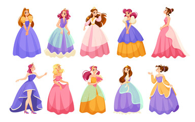 Wall Mural - Girl Princess in Pretty Dress and Attire Standing and Smiling Vector Set