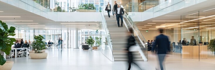 A blurred photograph of business people walking up and down the stairs in an office building made of glass with steel frames. Blurred motion