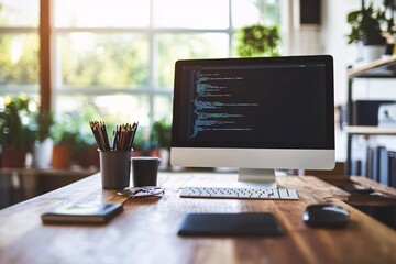 Wall Mural - Modern Workspace with Computer and Coding on Screen - Technology and Design