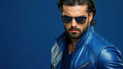 man leather jacket, stylish blue beard handsome sunglasses, charismatic macho confident studio male, fashionable trendy sophisticated, elegant modern urbane