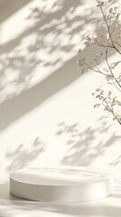 Poster - Empty white podium displaying products with leaves shadows on wall