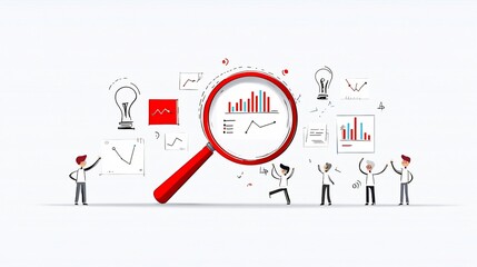Poster - Flat of a business team collaborating to analyze growth data and charts using a giant magnifying glass showcasing their partnership and strategy in the workplace