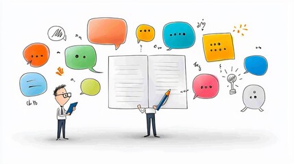 Fototapete - Cartoon of a Business Professional Man with Pen and Notepad Engaged in Conversation Brainstorming and Exchanging Ideas with His Team in a Corporate Office Setting