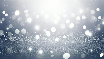 Abstract blurred bokeh lights on silver background - festive Christmas and New Year template with glittering and sparkling defocused stars