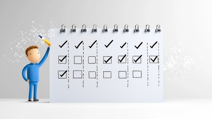 Poster - Flat of a businessman in blue ticking boxes on a big checklist clipboard with sparkles in the background to show success in task completion and achievement in the workplace or office setting