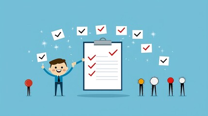 Poster - Flat of a businessman in blue ticking boxes on a big checklist clipboard with sparkles in the background to show success in task completion and achievement