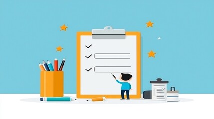 Leinwandbilder - of a character in a blue shirt meticulously completing a checklist on a large clipboard with small stars in the background emphasizing organization planning