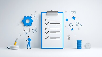 Leinwandbilder - Flat of a business checklist with a man in blue checking off tasks on a large clipboard with stars and sparkles representing achievement organization and productivity in the workplace