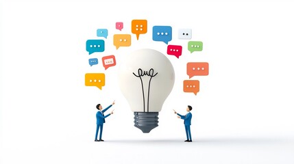 Aufkleber - Colorful of a Lightbulb Made Up of Speech Bubbles with Two Business Team Members in Blue Suits Pointing at It Symbolizing Teamwork and Idea Sharing