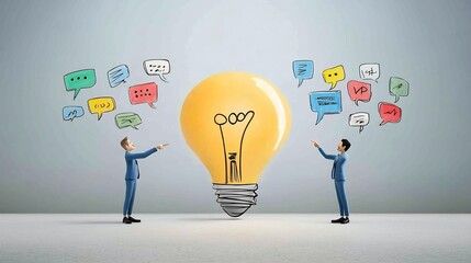 Aufkleber - Cartoon of a large lightbulb made up of colorful speech bubbles with two team members in blue suits pointing at it symbolizing teamwork and idea sharing in a business or corporate setting