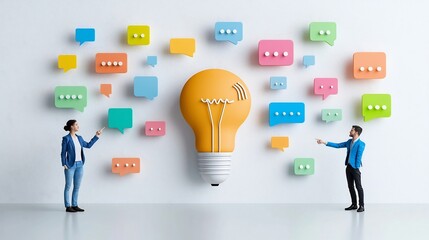 Aufkleber - Flat close up of a lightbulb constructed from various colored speech bubbles with a man and woman in blue suits pointing at it representing brainstorming and for business innovation
