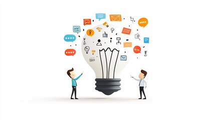 Fototapete - Cartoon close up of a large lightbulb formed by colorful speech bubbles with two team members collaborating and pointing symbolizing idea development and teamwork in a business or creative setting
