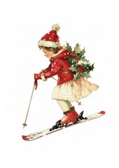 Canvas Print - Vintage Christmas skiing child illustration