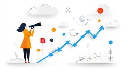 Leinwandbilder - Flat depicting a woman holding a telescope while standing on an ascending path of blue arrows suggesting the concept of strategic planning and career advancement
