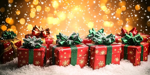 Poster - Festive Red Green Christmas Gifts in Glittering Holiday Setting : Generative AI