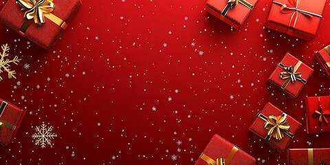 Poster - Vibrant Red Christmas Gift Boxes with Bows on Snowy Background : Generative AI