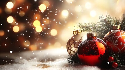 Aufkleber - Festive Red and Gold Christmas Baubles with Pine Branches and Snowflakes : Generative AI