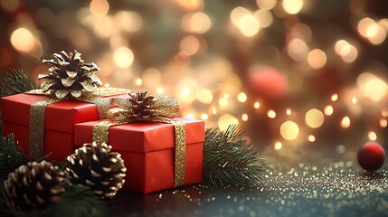 Poster - Festive Red Gift Boxes with Christmas Pinecones and Glittering Background : Generative AI