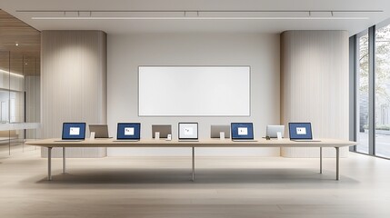 Poster - Spacious open plan workspace with a large modern table and six laptops set up against a blank wall for display purposes