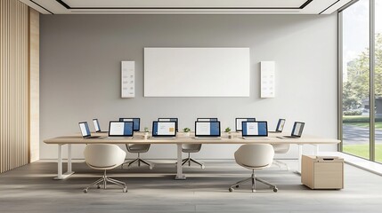 Leinwandbilder - Minimalist Office Interior with Six Laptops Arranged on a Long Desk Providing a Clean and Relaxing Work Environment with a Blank Wall for Mockup Presentations and a Comfortable Color Palette