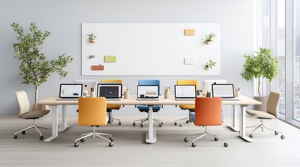 Leinwandbilder - Cozy and Minimalist Modern Office Interior with Six Laptops on a Shared Workspace Desk Ready for Mockups and Designed to Promote Focus and Relaxation