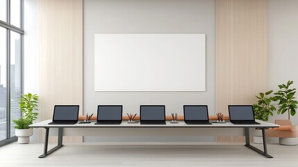 Leinwandbilder - Sleek and serene contemporary workspace setup featuring six laptops on a clean minimalist desk with a blank wall for potential product mockups and a visually relaxing soft toned interior design