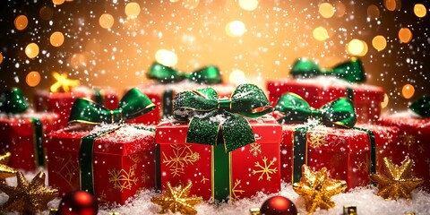 Poster - Vibrant Holiday Presents with Green Bows and Glittering Backdrop : Generative AI